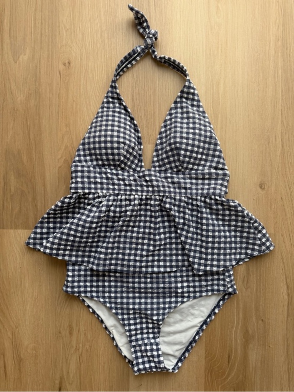J.Crew Gingham Seersucker Tankini Set XS High Waisted Bikini Bottoms Navy
